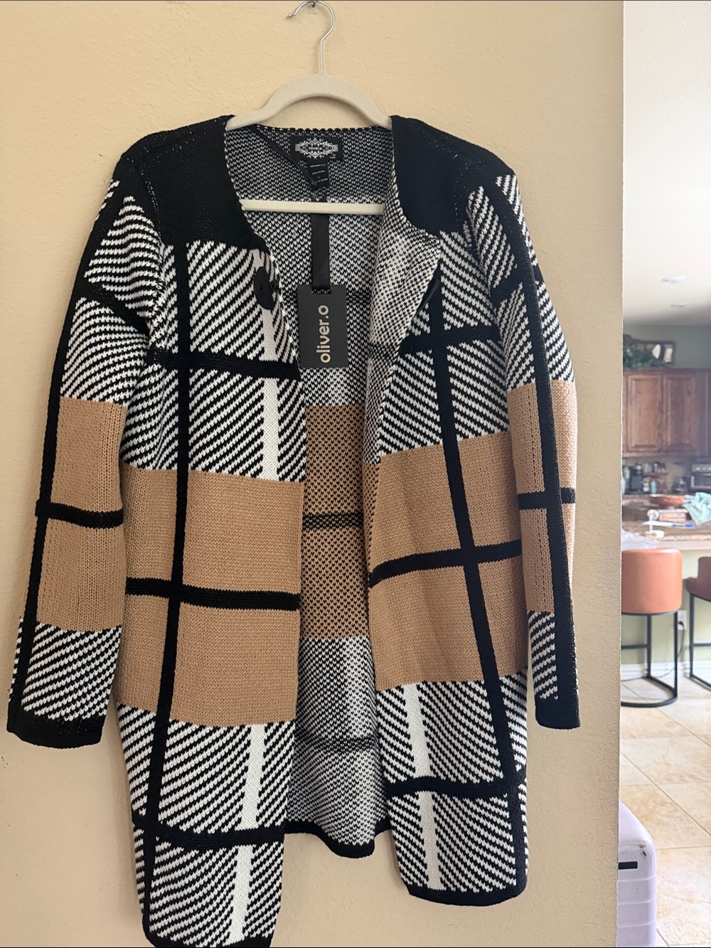 Open-Front Plaid Knit Cardigan in Black, White & Camel